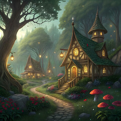Fototapeta premium A serene elven village nestled in an enchanted forest, with glowing lanterns, wooden homes