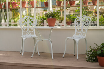 Two white metal chairs and a small table sit on a wooden deck, surrounded by a variety of plants in pots on a sunny day.