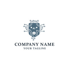 Modern AI Robot Head Circuit Board Logo Design Template with Company Name and Tagline on White Background, Flat Vector Elements, Vector Illustration, Simple Vector, Stylized Vector Drawing, Vector