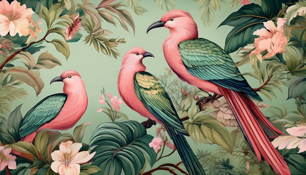 jungle chinoiserie wallpaper featuring a design of tropical birds in green and pink background seamless pattern