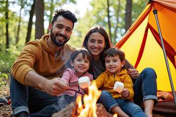 Happy family of four camping in forest, roasting marshmallows over campfire outside their tent. Parents and children enjoying outdoor adventure, representing vacation, nature, and family bonding