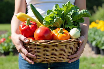 Person holding wicker basket full of fresh colorful organic vegetables from home garden. Concept of healthy eating, farm to table, sustainable living, and summer harvest bounty