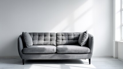 residential. A modern gray sofa against a white wall, embodying contemporary interior design and comfort. real-estate listings.