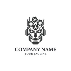 Futuristic Robot Head Logo with Gears, Representing AI and Mechanical Intelligence, Designed for Technology and Engineering Companies, Featuring Customizable Company Name and Tagline, Flat Vector
