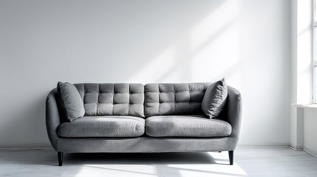 residential. A modern gray sofa against a white wall, embodying contemporary interior design and comfort. real-estate listings.