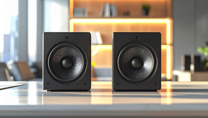Pair of Black Stereo Speakers on Wooden Desk in Home Office