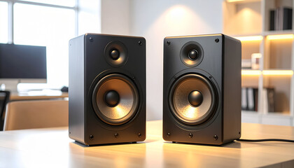 Close-up of Black Bookshelf Speakers with Textured Woofers