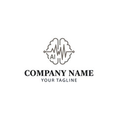 AI Brainwave Logo with Stylized Brain Outline, Waveform, and 'AI' Text, Paired with Placeholder Company Name and Tagline on a Clean White Background, Flat Vector Elements, Vector Illustration, Simple