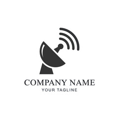 Simple dark grey satellite dish icon with radiating waves and company name placeholder text on a white background, representing telecommunication and data transmission., Flat Vector Elements, Vector