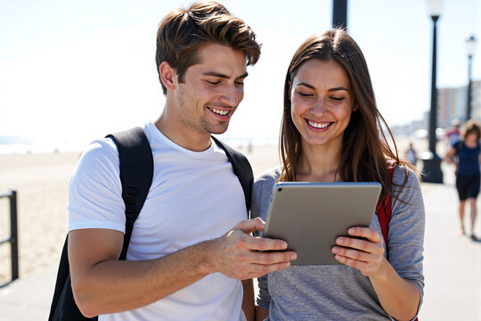 Happy young couple using digital tablet to navigate or look at photos while on vacation. Man and woman smiling, enjoying travel and modern technology for booking, maps, or social media - Powered by Adobe