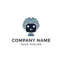 Modern Artificial Intelligence (AI) Robot Head Logo with Circuit Brain and Company Text on White Background, Flat Vector Elements, Vector Illustration, Simple Vector, Stylized Vector Drawing, Vector