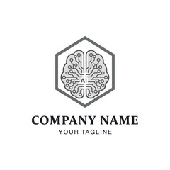AI Brain Circuit Hexagon Logo with Company Name and Tagline, Modern Digital Technology Branding Concept on White Background, Flat Vector Elements, Vector Illustration, Simple Vector, Stylized Vector