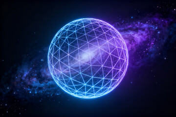 Obraz premium Neon geometric sphere glowing in cosmic space with starry nebula background