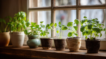 Windowsill garden with herbs growing in ceramic pots, sunlight streaming through the window