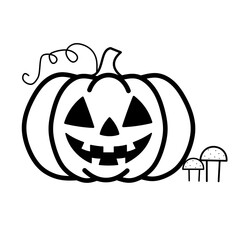 Halloween Jack O’Lantern Pumpkin Outline Vector with Mushrooms, Hand drawn illustration for Halloween, Isolated Pumpkin Vector