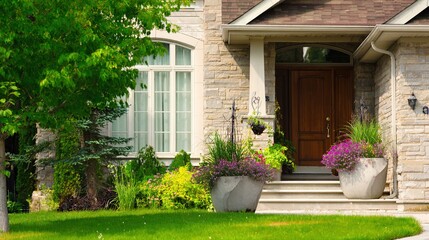 Fototapeta premium welcome. Family home exterior with welcoming entrance and architectural details. real-estate listings, architecture portfolios, designed for architectural facade and classical detail presentations.