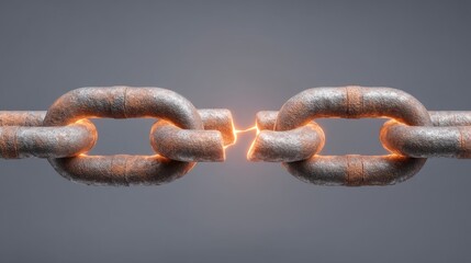 Fototapeta premium Broken Chain Link with Glowing Effect Symbolizing Weakness, Failure, and Disconnection in Industrial or Creative Concepts
