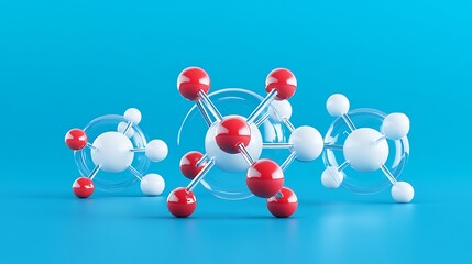Obraz premium Abstract molecular structures with red and white spheres on blue background