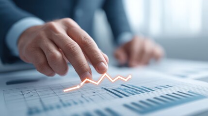 Business professional analyzing financial data, pointing at growth chart with graph lines and statistics in office environment, focusing on market trends and insights