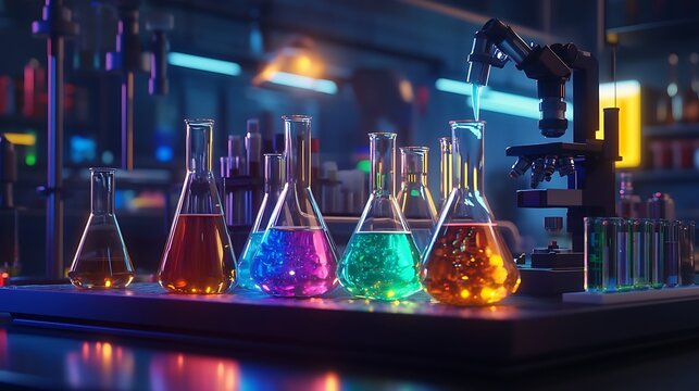 Colorful chemical solutions in laboratory flasks under neon lights - Powered by Adobe