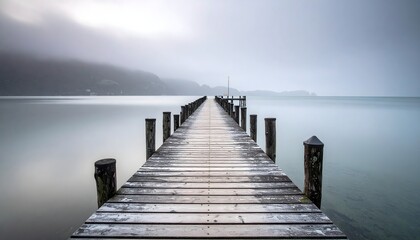 Fototapeta premium A long wooden pier with vanishing perspective extends into foggy, calm water under a muted sky, creating a mysterious, moody, and minimalist landscape.