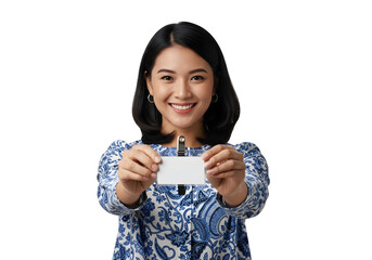Cheerful Asian Woman Holding Name Tag. Business Professional Presenting Identification. Conference Attendee Smiling Proudly. Employee Identity Card
