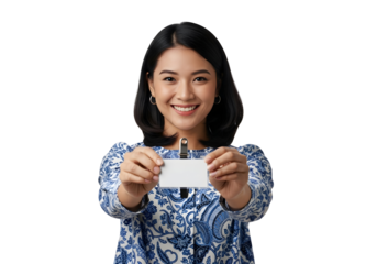Cheerful Asian Woman Holding Name Tag. Business Professional Presenting Identification. Conference Attendee Smiling Proudly. Employee Identity Card