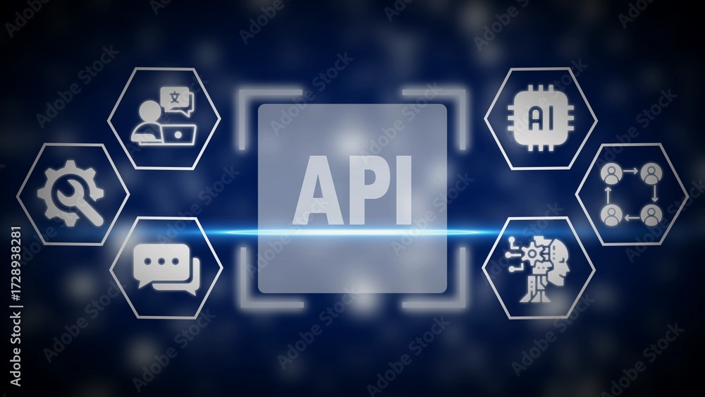 Wall mural api concept with ai icons and technology symbols on dark blue background application programming int