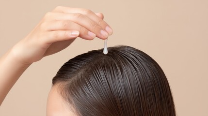 Naklejka premium Close-Up of Hand Applying Hair Serum on Smooth Hair with Neutral Background for Beauty and Haircare Concept