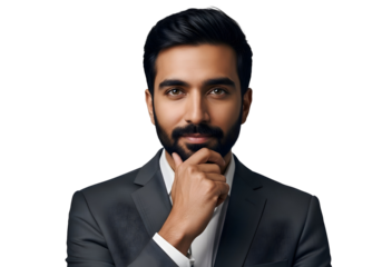 Handsome Pensive Businessman Portrait Leadership and Confidence. Serious Elegant Young Man Thinking Future Strategy Success Hand on Chin Studio Shot