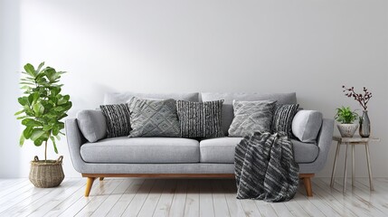 residential. A modern gray sofa against a white wall, embodying contemporary interior design and comfort. real-estate listings.