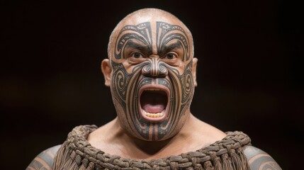 Intense Expression of a Maori Performer with Traditional Facial Tattoos and Traditional Clothing Amidst Cultural Performance in a Historic Setting