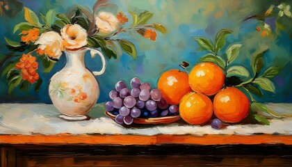 chinoiserie still life textured impasto oil painting wall art of oranges and grape on the table with a vase room decoration vintage farmhouse style wallpaper