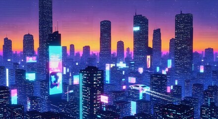 Fototapeta premium Futuristic Metropolis Skyline with Glowing Neon Lights at Sunset.