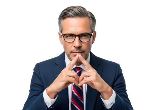 Thoughtful Businessman in Suit Forming Pyramid with Fingers Confident Elegant Male with Glasses Serious Pensive Manager Portrait Professionalism Achievement