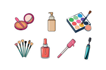 set of makeup products on white background