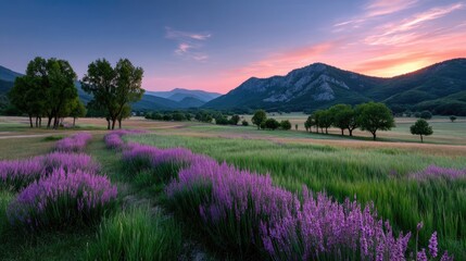 Scenic Purple Lavender Field with Mountain Backdrop at Sunset Under Cloudy Sky Cinematic HDR Landscape
