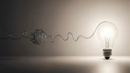Creative Idea Generation: Tangled Line Connected to a Brightly Glowing Light Bulb