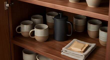 Modern Rustic Coffee Setup: Matte Black French Press and Handcrafted Stoneware Mugs in a Wooden Cabinet