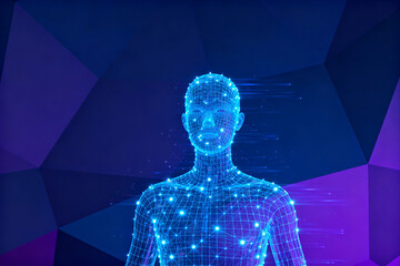 Digital wireframe human figure with glowing blue grid against a geometric purple and blue background
