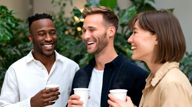 Group of friends laughing and chatting while holding coffee cups. Bright indoor setting with lush greenery creating a lively atmosphere. Concept of social gatherings, friendship, casual meetups