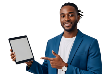 African American Man Presenting Digital Tablet with Blank Screen Tech Mockup Modern Suit Confident Businessman Marketing Presentation Technology Concept