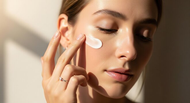 Woman applying facial cream with her finger in a skincare routine with natural lighting on her face