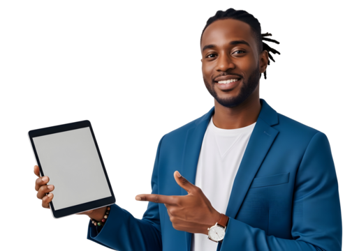 African American Man Presenting Digital Tablet with Blank Screen Tech Mockup Modern Suit Confident Businessman Marketing Presentation Technology Concept
