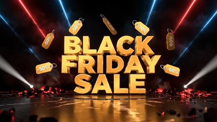Bold orange text announces Black Friday sale with vibrant light effects. Dynamic setting with colorful light beams and dark floor. Concept of retail promotions, shopping events, holiday sales - Powered by Adobe