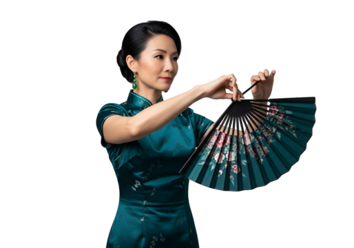 Asian Woman with Hand Fan Cultural Elegance Fashion Style Modern Cheongsam Dress Tradition Festive Celebration Beauty Graceful Dance Performance