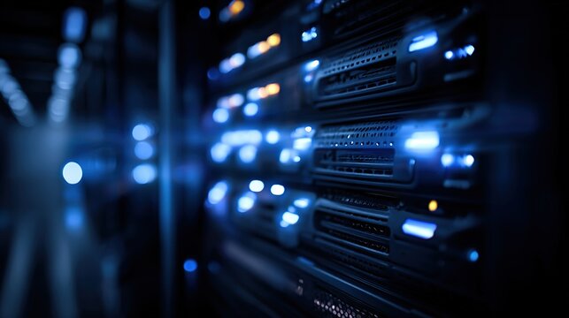 cables. Close-up view of illuminated server components in a data center with cool blue lighting. product launch decks, UI/UX mockups, designed for data visualization dashboards and holographic UIs.