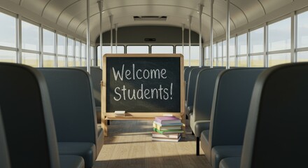 Naklejka premium School Bus Welcome: Inside a classic school bus, a chalkboard stands, inscribed with a welcoming message to students, set amidst the rows of seats.