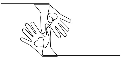 Obraz premium Black hands holding a heart in one line art style. Continuous line drawing. Hands holding heart drawing with editable stroke on white background. Hand hold two heart in line style. Vector illustration