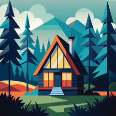 Minimalist cabin nestled in a serene forest landscape with natural elements and a peaceful ambiance